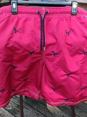 Land's End men's XL swim volley trunks orangish red embroidered navy lobsters